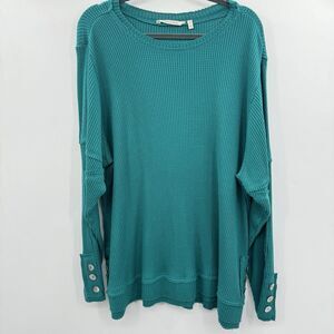 Soft Surroundings Waffle Knit Tunic Top Size 3X Teal Green Buttons Long Sleeve